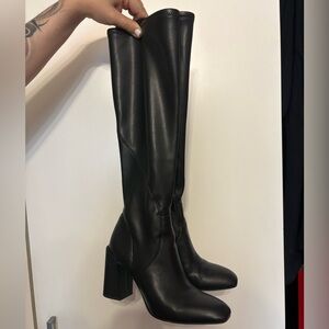 Black Knee-High Square Toe Leather Boots